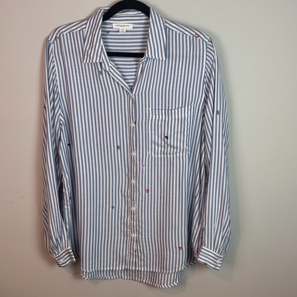 beachlunchlounge Womens Blue Striped Coastal Heart Embroidered Button up sz LG